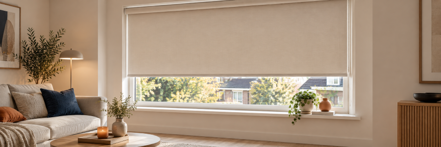 Rolgordijnen op maat in een woonkamer, in de dag gemonteerd